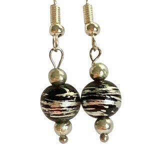 Murano Style Black Silver Art Glass Bead Earrings Plated Dainty Dangle Handmade